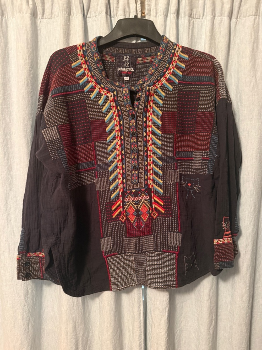 Johnny Was Black & Burgundy Embroidered Boho Blouse